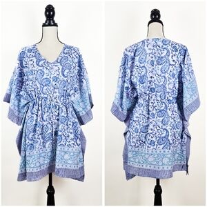 🦋LAST🦋 NWT Sevya Handmade Block-Printed Cotton Caftan, Sky Blue & Turquoise